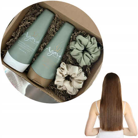Zestaw prezentowy po keratynie AGAVE szampon odżywka 2x gumka jedwabna